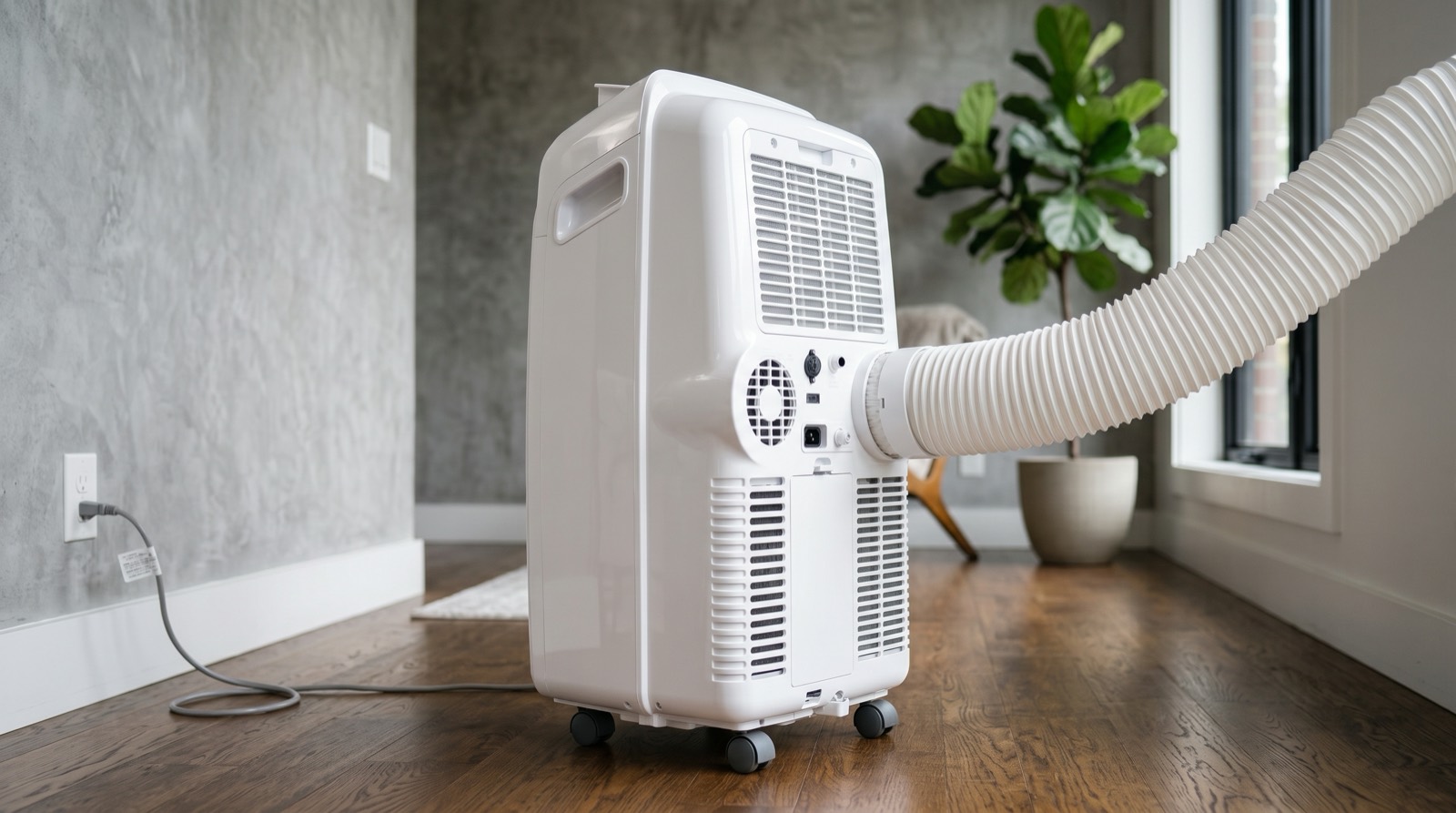 Climatiseur mobile Boréa vue 3/4 avec gaine d'évacuation