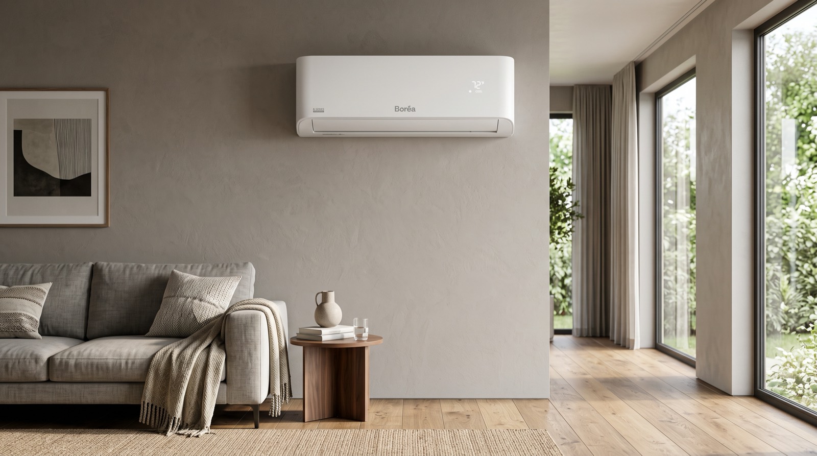 Climatiseur mural Boréa installé dans un salon design